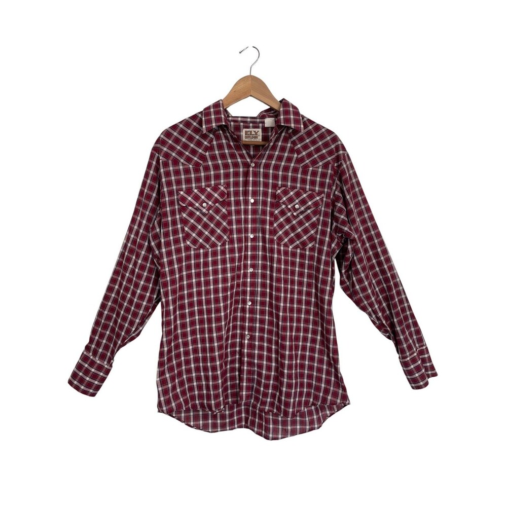 Ely‎ Cattleman Men's Large Red Plaid Flannel Shirt Pearl Snap Western Work